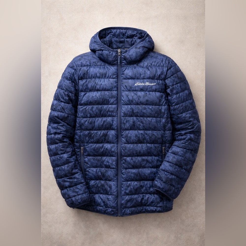Eddie Bauer Mens XL Down Puffer Jacket Hooded Lightweight Packable Winter Coat